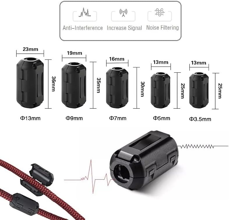 VSKEY 20PCS Clip-on Noise Filter, Anti-Interference High-Frequency Ferrite Core Choke Clip Noise Suppressor for 3.5mm/ 5mm/ 7mm/ 9mm/ 13mm Diameter USB/Audio/Video Equipment Cable - Image 2